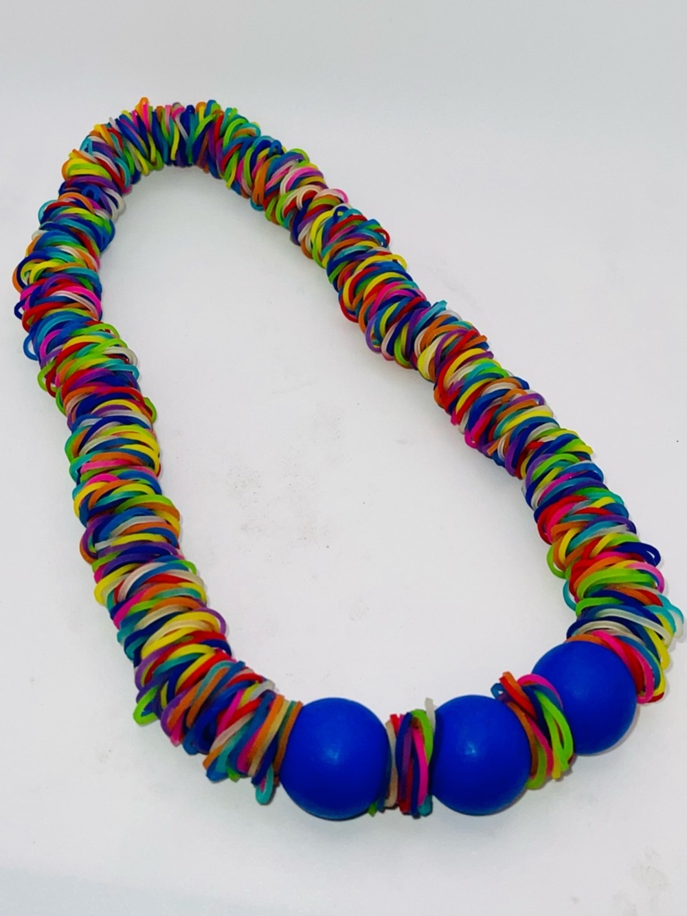 Fun Rainbow Loom Necklace Multi Colored Rubber Bands Wood Spheres Necklace